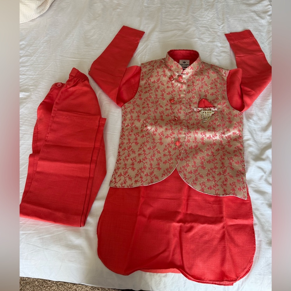 Big boys Red and Cream Floral Kurta Set
